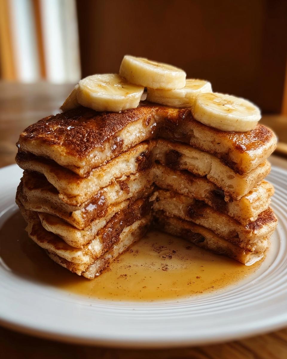 A tall stack of Banana Pancakes with Warm Cinnamon Flavor, sliced to show the filling, topped with banana slices and syrup.