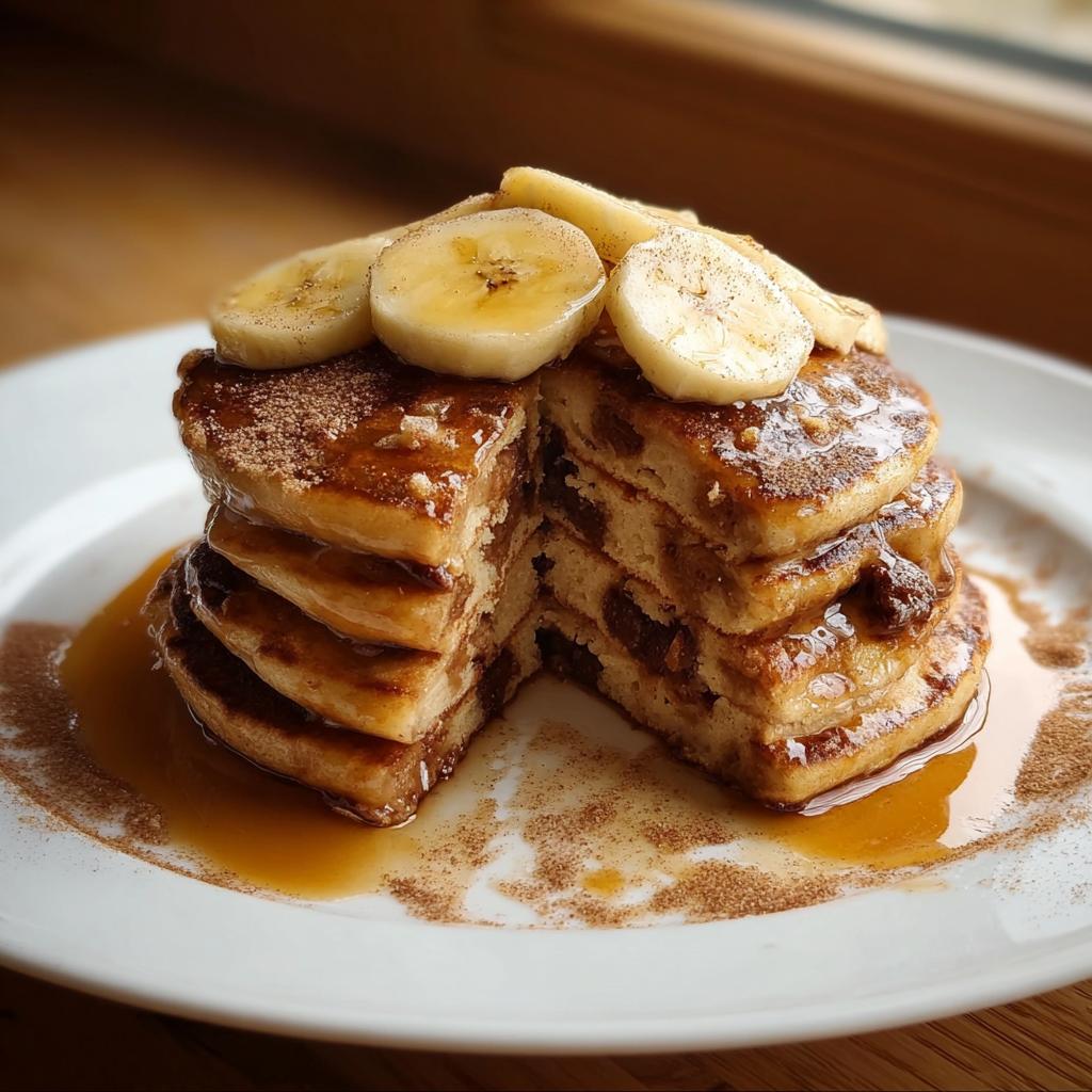 A tall stack of Banana Pancakes with Warm Cinnamon Flavor, topped with sliced bananas and syrup.