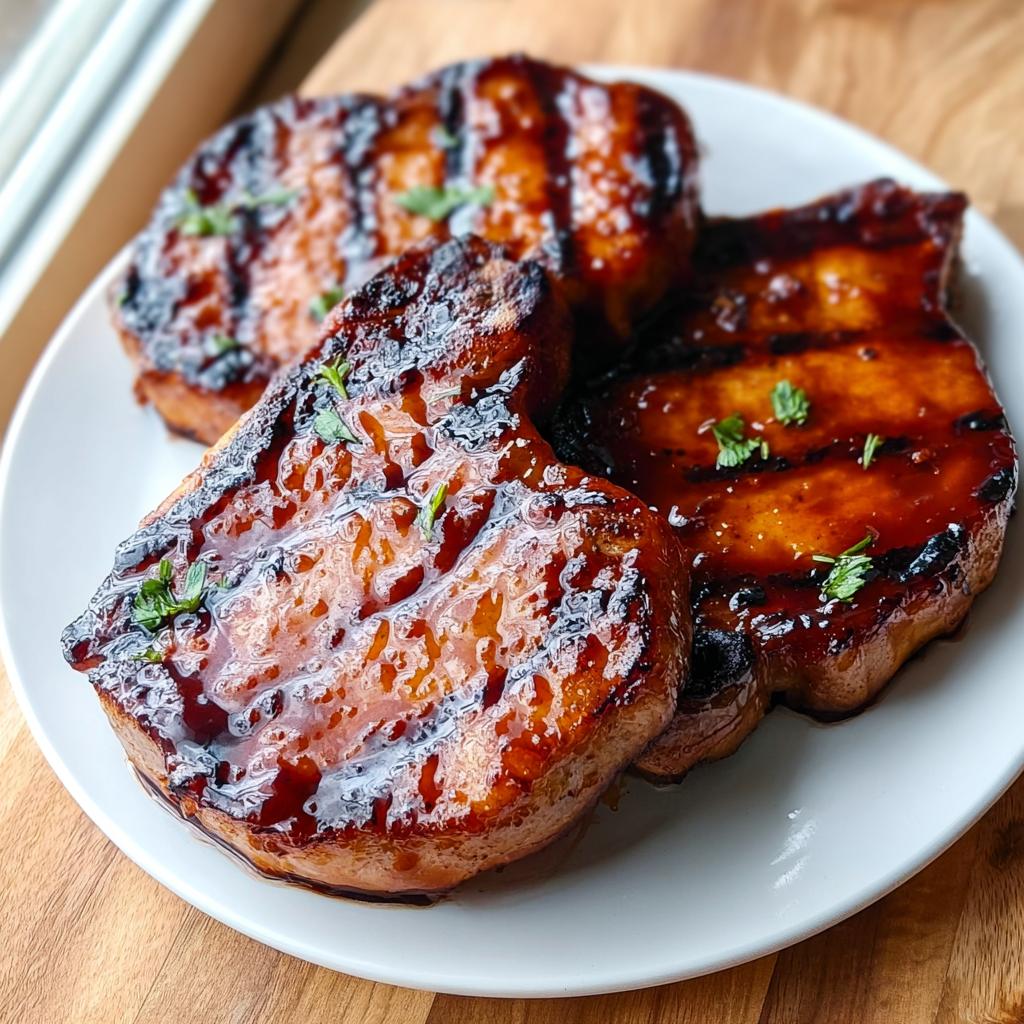 Three grilled BBQ Pork Chops with Sweet Smoky Glaze glistening on a white plate.