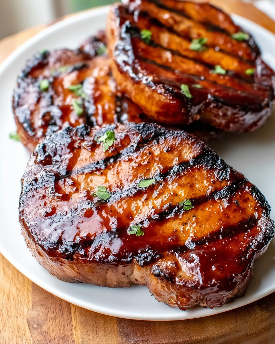 Close-up of juicy BBQ Pork Chops with Sweet Smoky Glaze, featuring dark grill marks and a glossy finish.