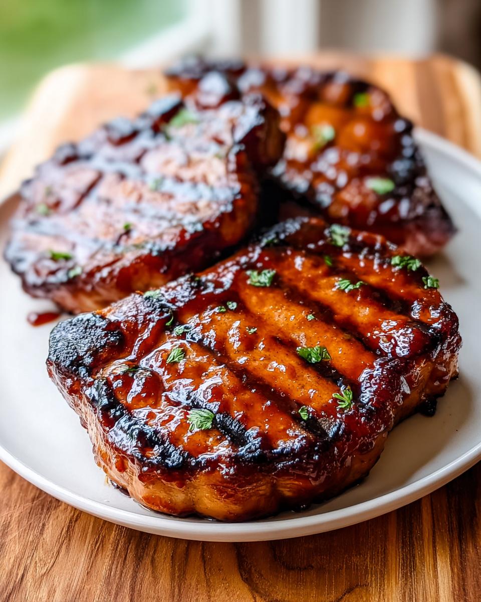 Close-up of juicy BBQ Pork Chops with Sweet Smoky Glaze, showing grill marks and a glossy finish.