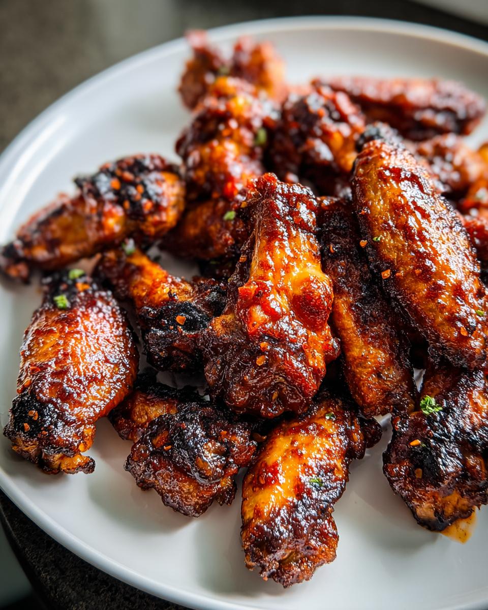 A close-up of crispy BBQ Wings with Smoky Sauce and Charred Tips piled high on a white plate.