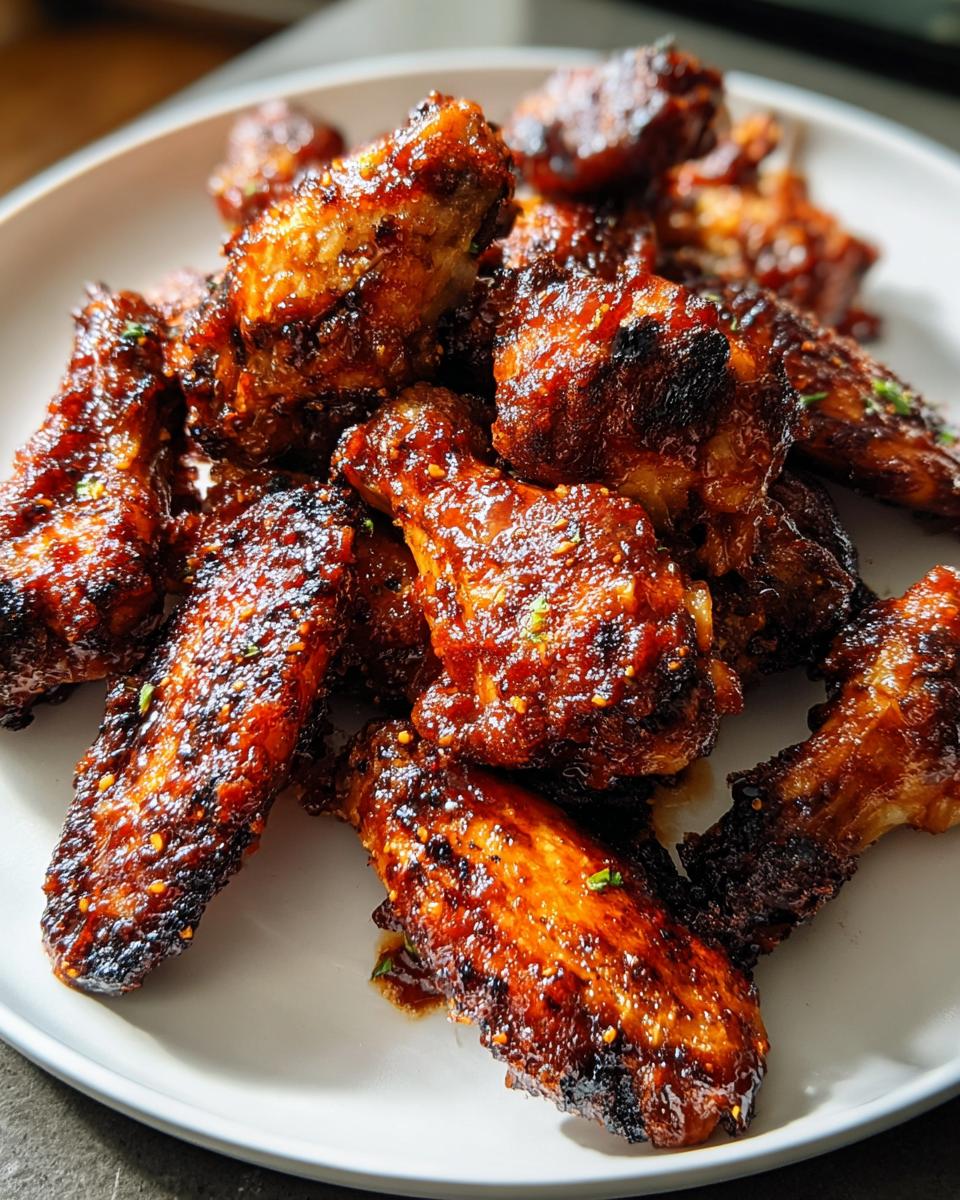 Close-up of glossy, dark red BBQ Wings with Smoky Sauce and Charred Tips piled on a white plate.