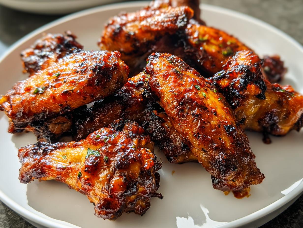 Close-up of glistening BBQ wings with smoky sauce and charred tips piled on a white plate.