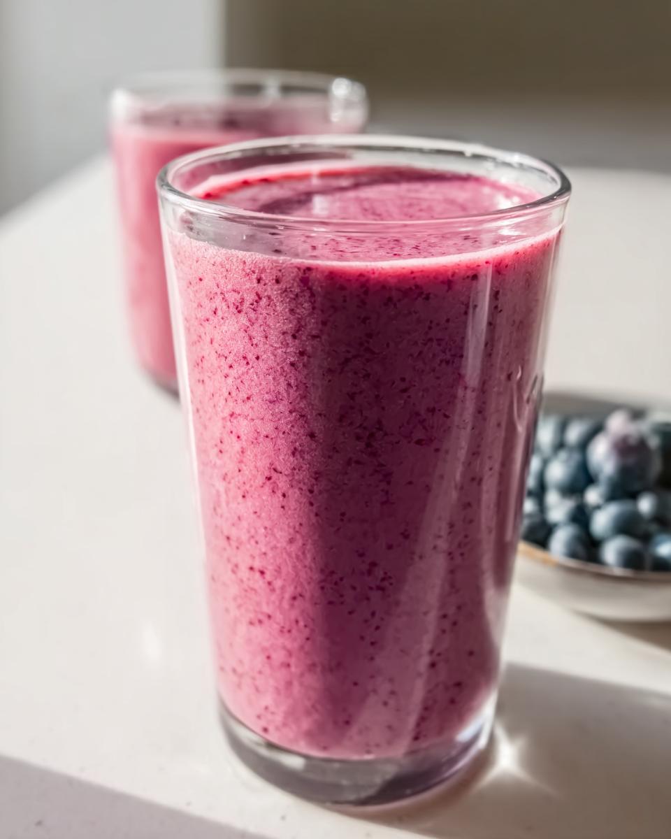 Close-up of a Berry Banana Smoothie with Creamy Texture in a tall glass, with fresh blueberries in the background.