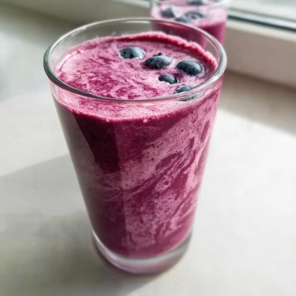 Close-up of a vibrant purple Berry Banana Smoothie with Creamy Texture, topped with fresh blueberries.
