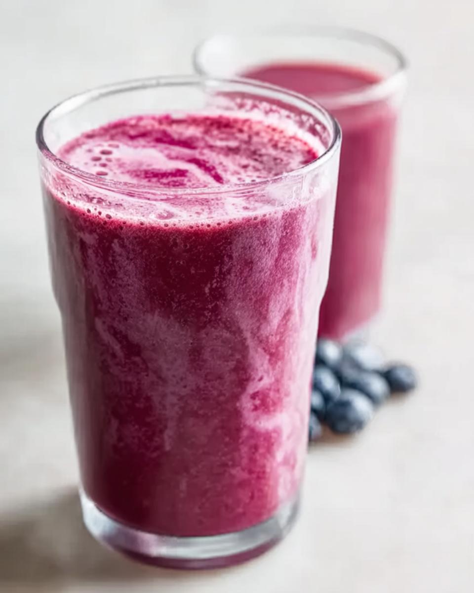 Close-up of a Berry Banana Smoothie with Creamy Texture in a tall glass, with a second glass and fresh blueberries in the background.