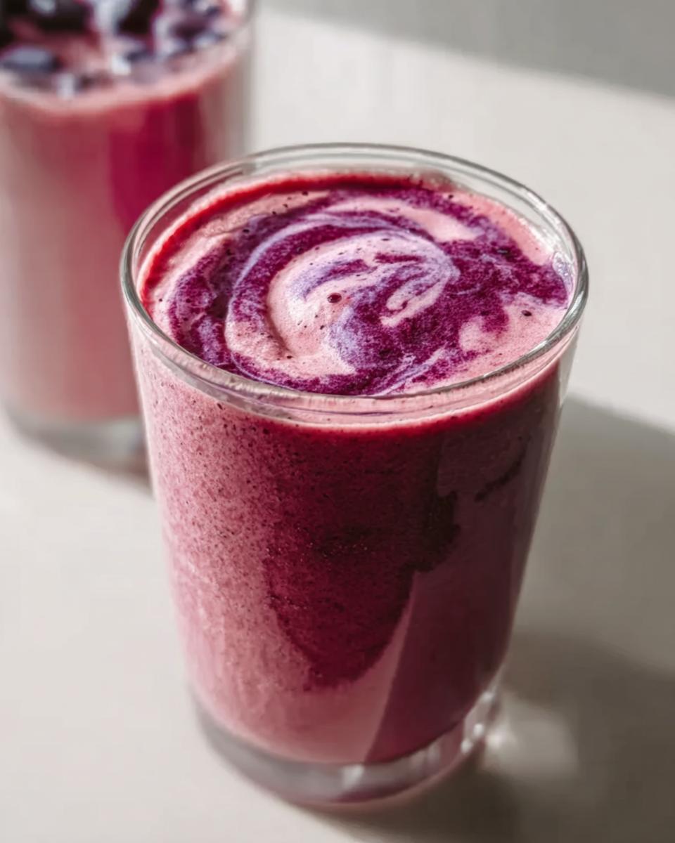Close-up of a Berry Banana Smoothie with Creamy Texture, showing a vibrant purple and pink swirl on top.