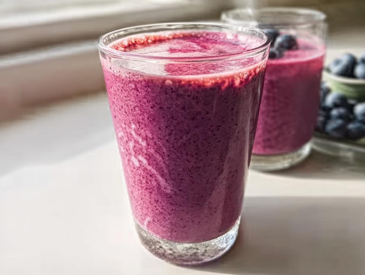 Close-up of a Berry Banana Smoothie with Creamy Texture in a tall glass, with another glass and blueberries blurred in the background.