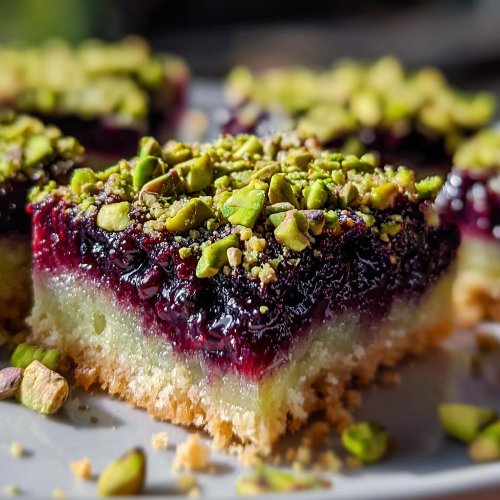 A close-up view of a layered Blackberry Pistachio Dream Bars slice topped with bright green chopped pistachios.