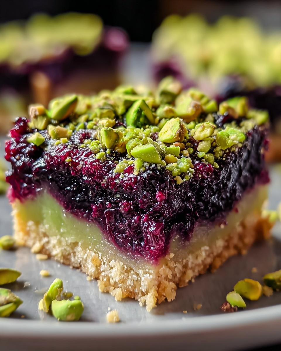 A close-up of a single Blackberry Pistachio Dream Bars slice showing the crust, green filling, dark berry layer, and chopped pistachios.