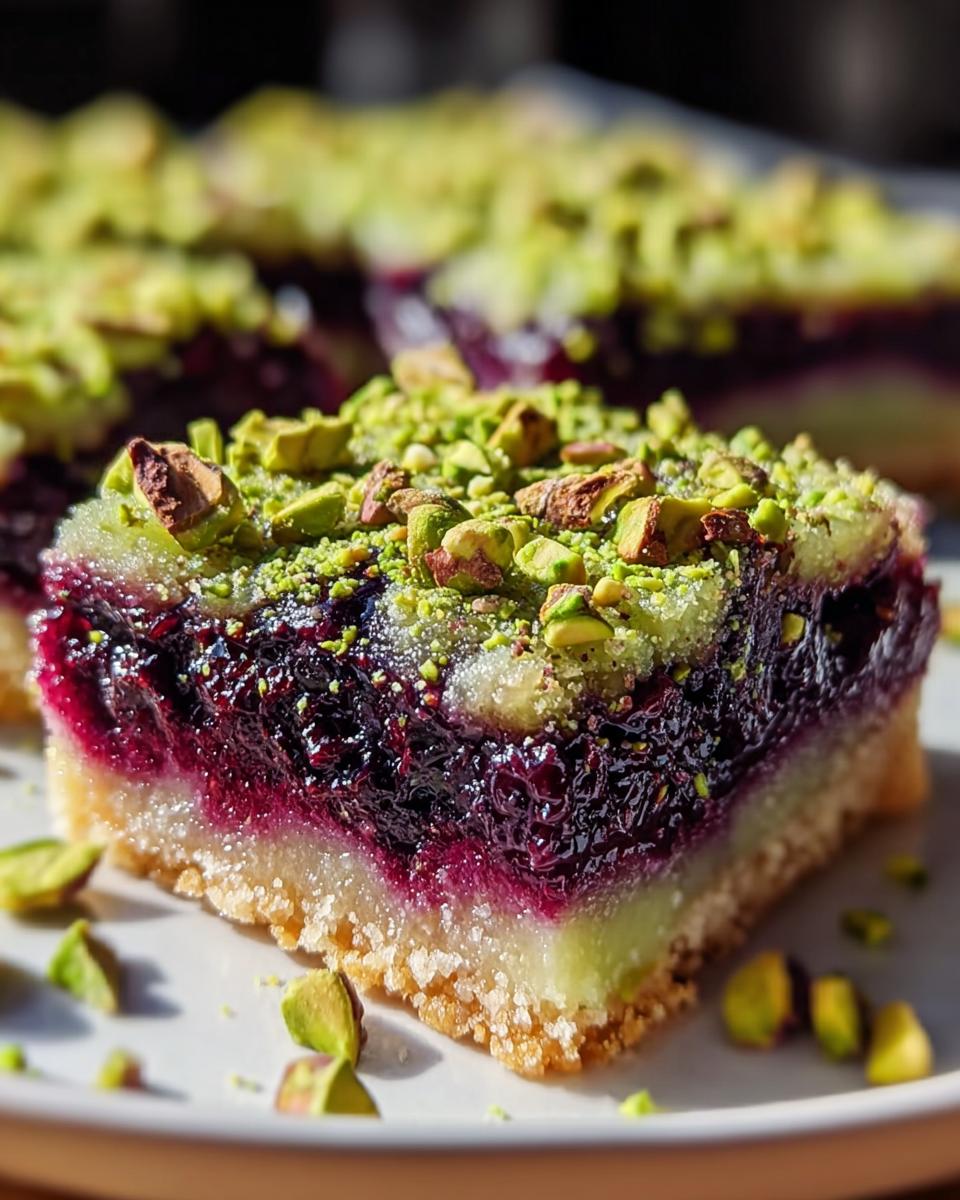 A close-up shot of a single square of Blackberry Pistachio Dream Bars, showing layers of crust, filling, and pistachio topping.