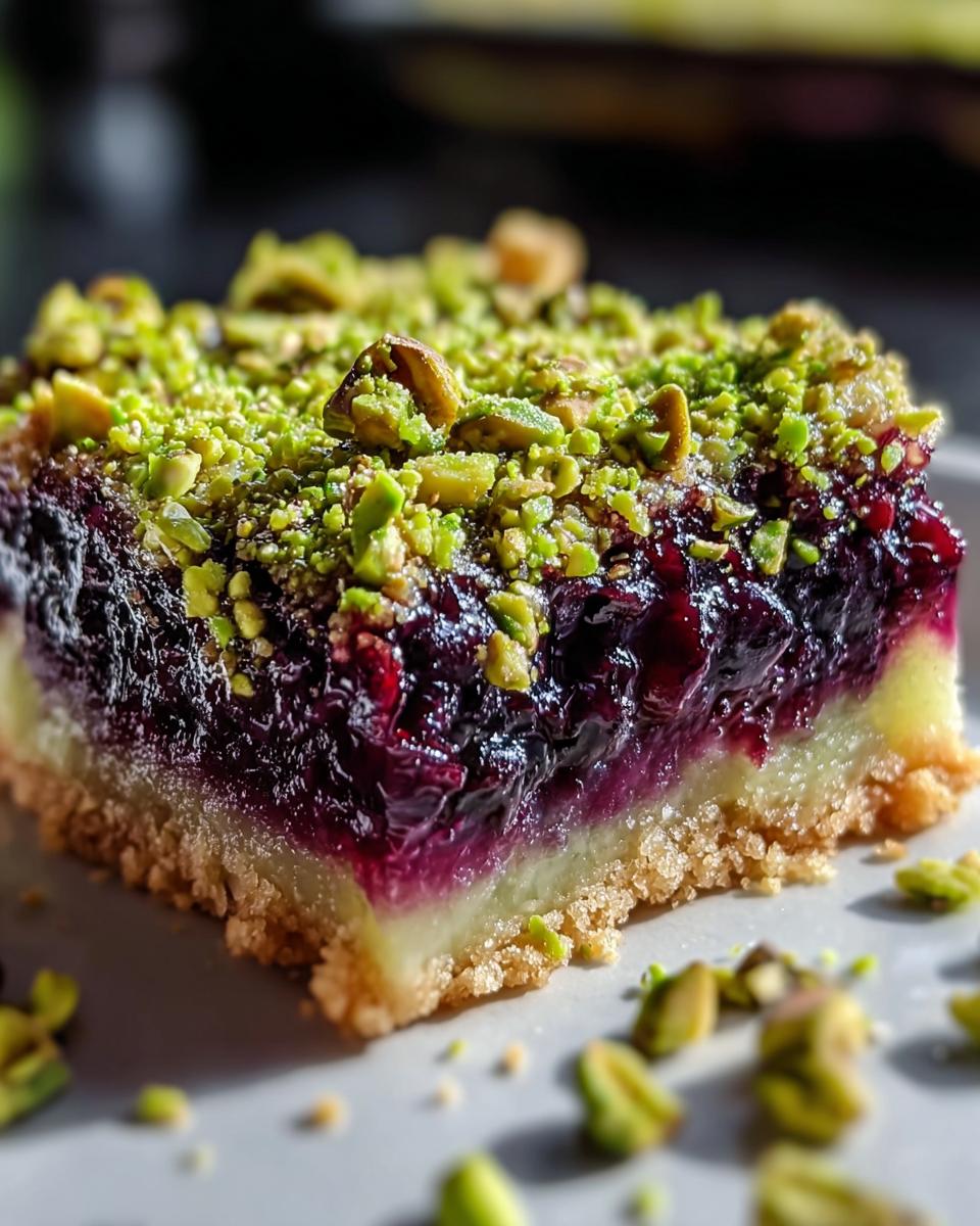 A close-up, cross-section view of a Blackberry Pistachio Dream Bars square topped with vibrant purple filling and chopped green pistachios.