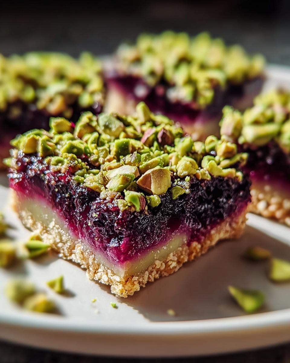 A close-up view of a layered Blackberry Pistachio Dream Bars slice topped with chopped green pistachios.