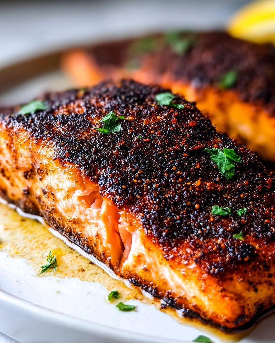 Close-up of a juicy fillet of Blackened Salmon with Smoky Spice Rub, resting in butter sauce.