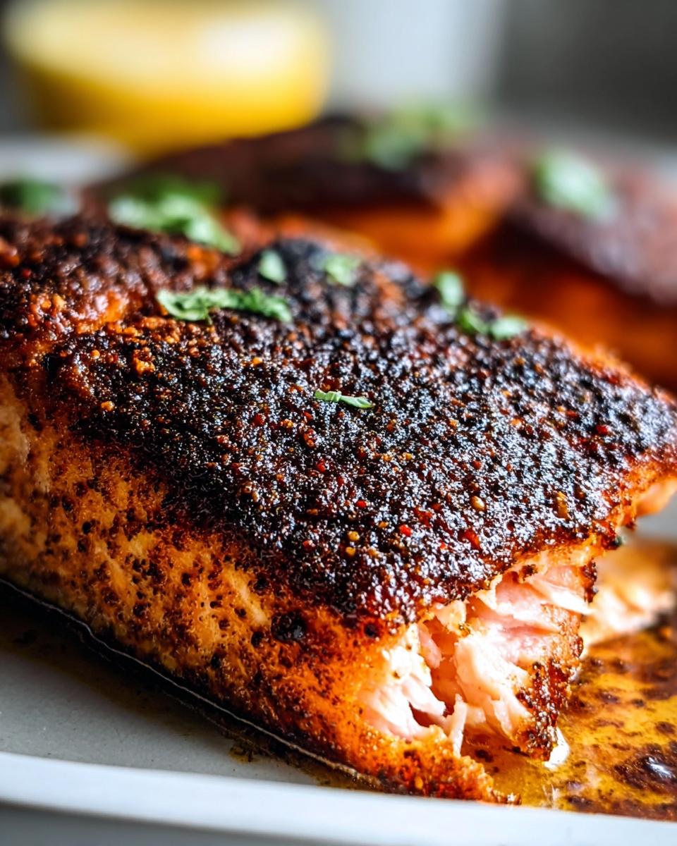 Close-up of flaky, cooked salmon fillet topped with a dark, smoky spice rub, showcasing the Blackened Salmon with Smoky Spice Rub.