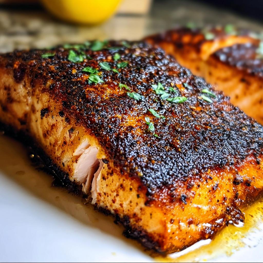 Close-up of a perfectly cooked fillet of Blackened Salmon with Smoky Spice Rub, showing the dark crust and flaky interior.