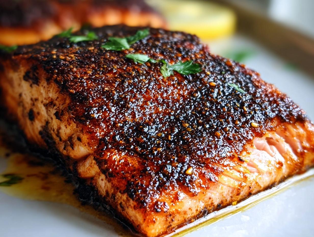 Close-up of a moist fillet of Blackened Salmon with Smoky Spice Rub, showing a dark, crusty spice layer.
