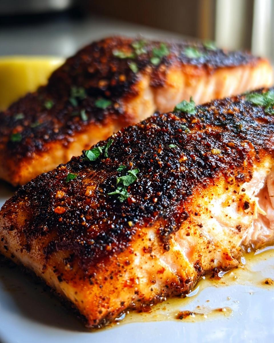 Two perfectly cooked fillets of Blackened Salmon with Smoky Spice Rub, showing a dark, crusty exterior and moist interior.