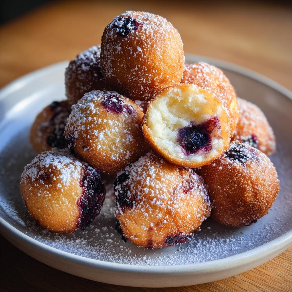 A pile of golden-brown Blueberry Cottage Cheese Donut Holes dusted with powdered sugar, one is broken open.