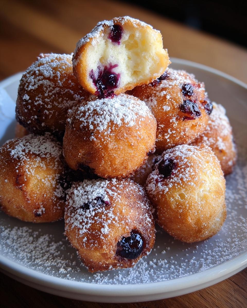 A stack of golden-brown Blueberry Cottage Cheese Donut Holes dusted heavily with powdered sugar.