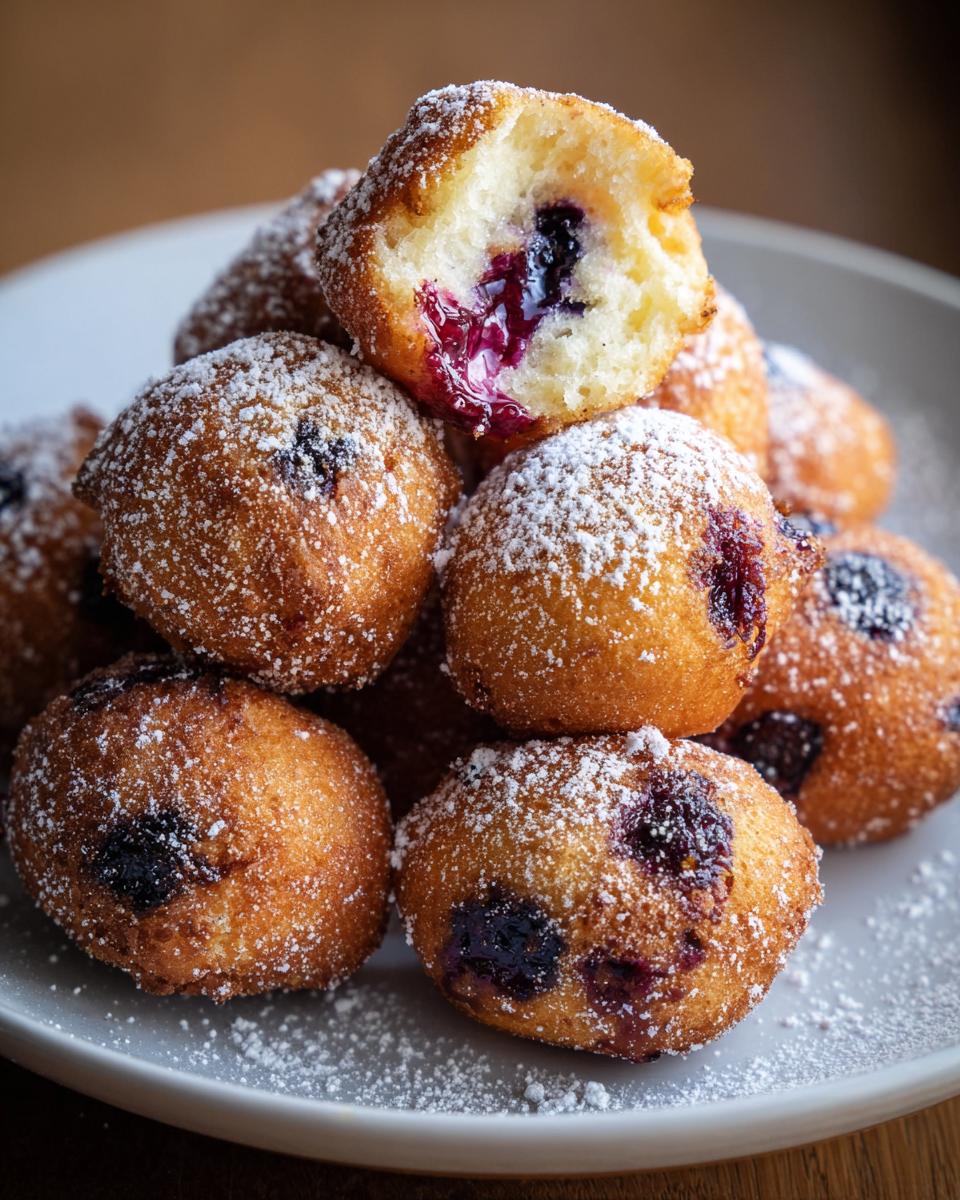A stack of golden-brown Blueberry Cottage Cheese Donut Holes dusted heavily with powdered sugar, one is broken open showing the blueberry filling.