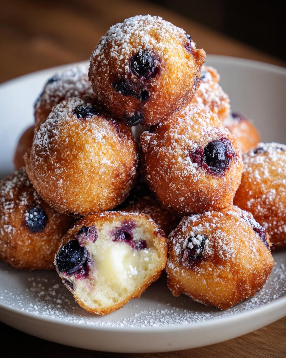 A pile of golden-fried Blueberry Cottage Cheese Donut Holes dusted with powdered sugar, one is broken open showing the creamy center.