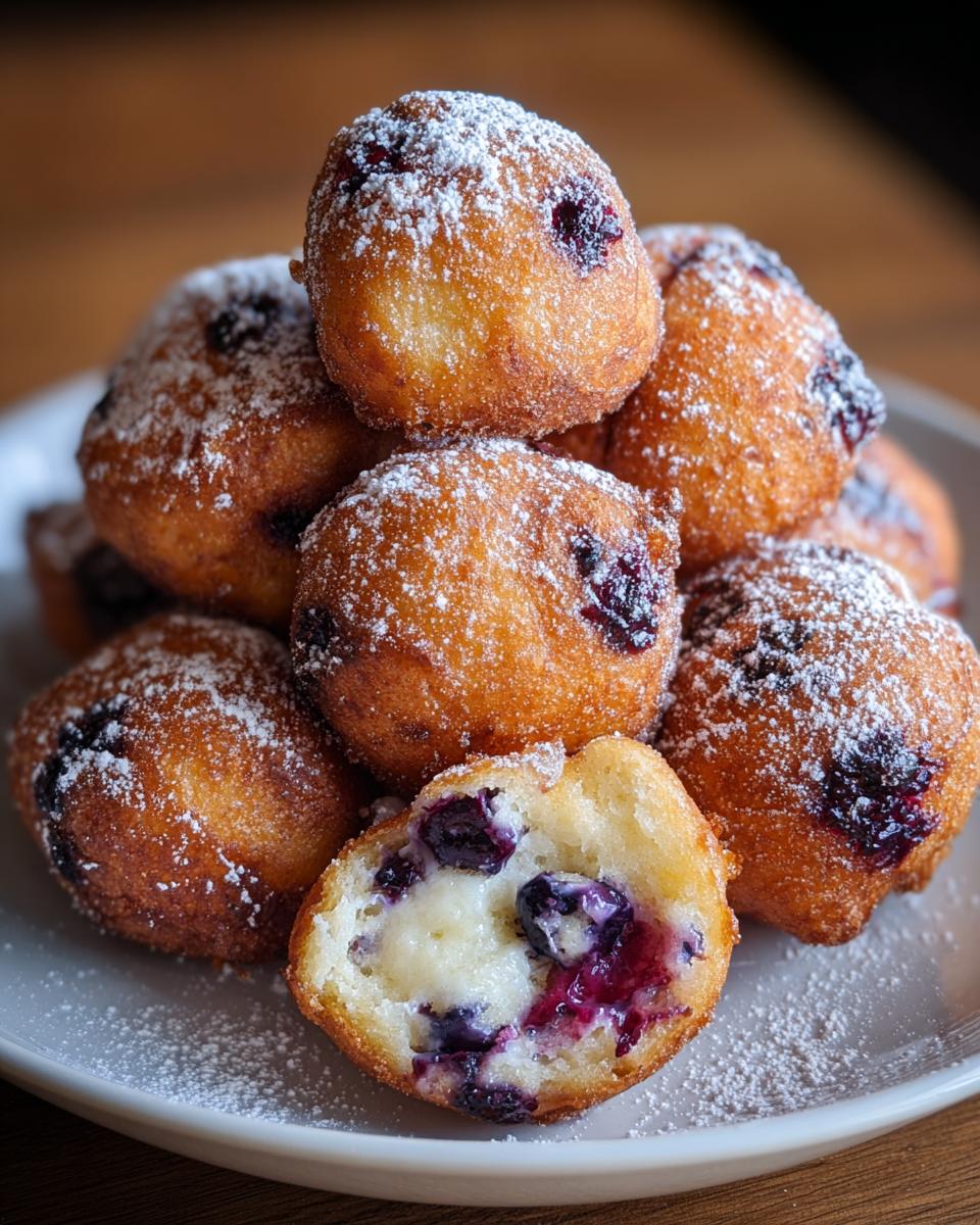 A stack of golden-brown Blueberry Cottage Cheese Donut Holes dusted with powdered sugar, one cut open showing the creamy filling and blueberries.