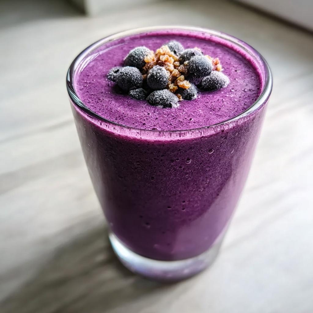 A tall glass filled with a thick, vibrant purple Blueberry Smoothie with Yogurt and Honey, topped with frozen blueberries.
