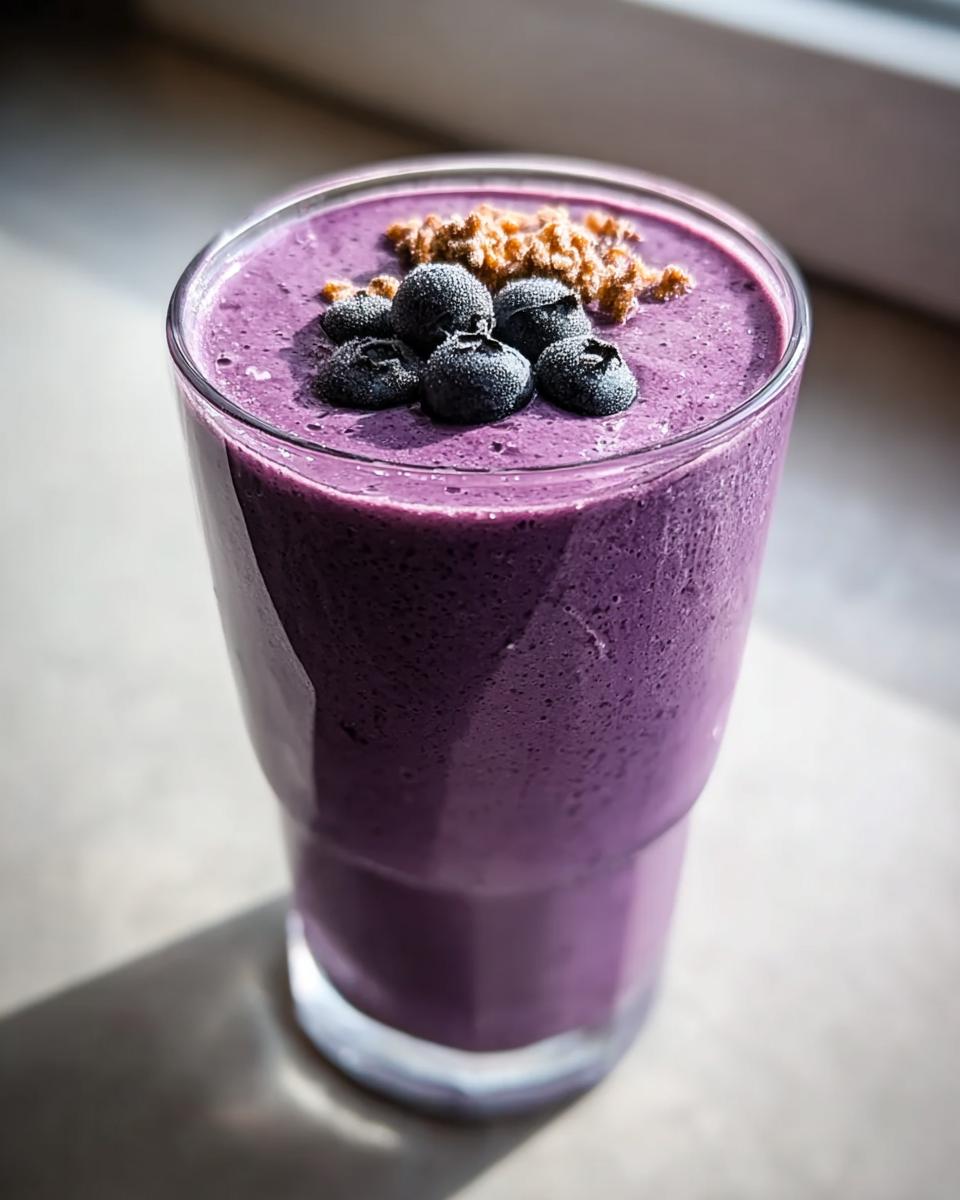 A tall glass filled with a thick, vibrant purple Blueberry Smoothie with Yogurt and Honey, topped with fresh blueberries.