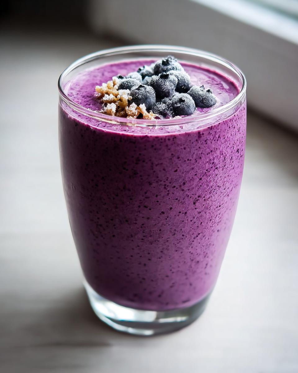 A tall glass filled with a thick, vibrant purple Blueberry Smoothie with Yogurt and Honey, topped with frozen blueberries.