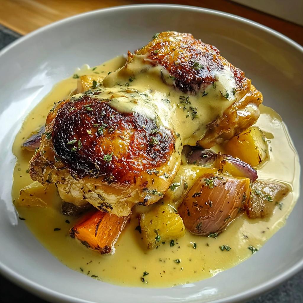Two crispy skin Braised Chicken Thighs in Creamy Dijon Sauce served over roasted root vegetables.