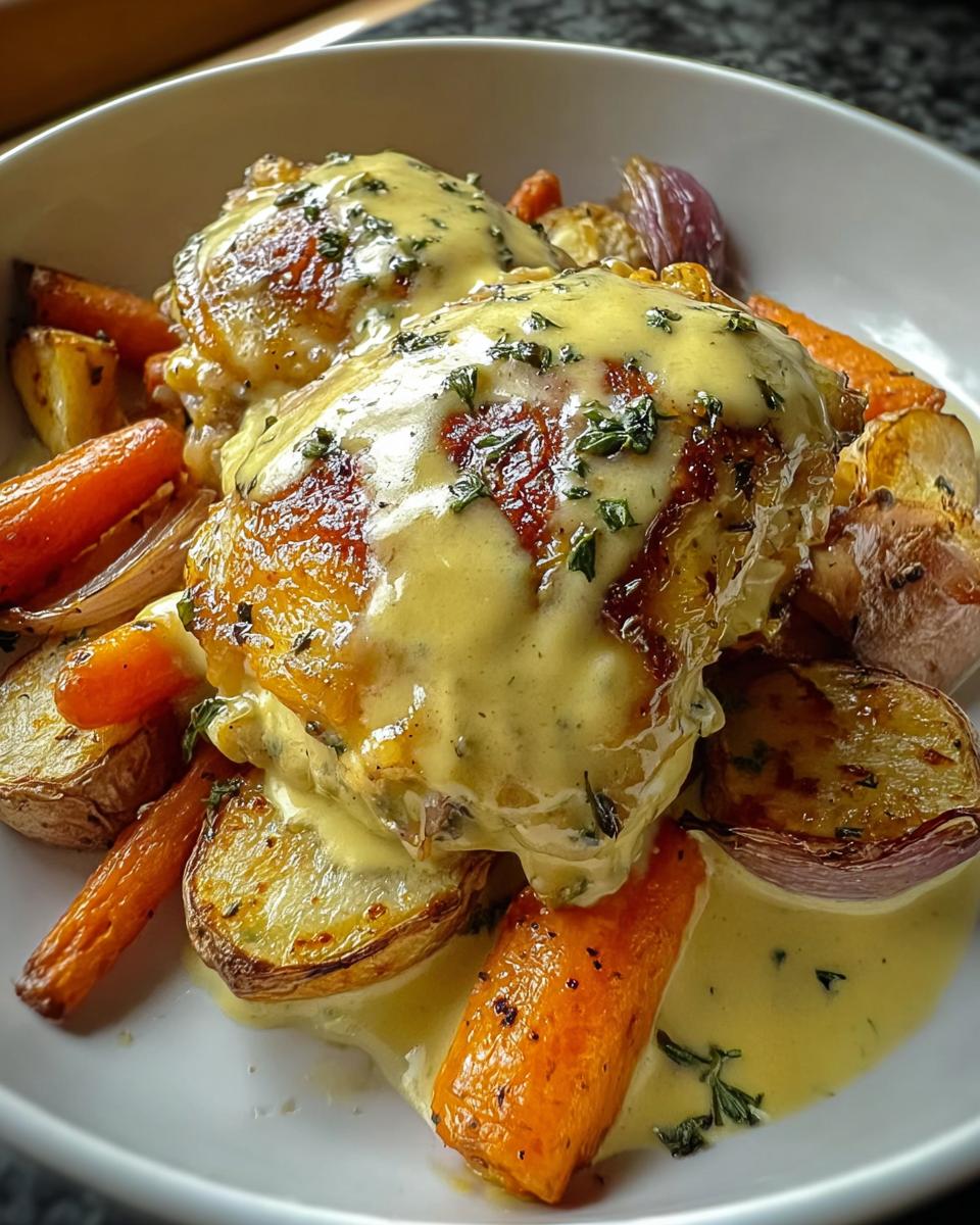 Two golden-brown Braised Chicken Thighs in Creamy Dijon Sauce served over roasted carrots and potatoes.