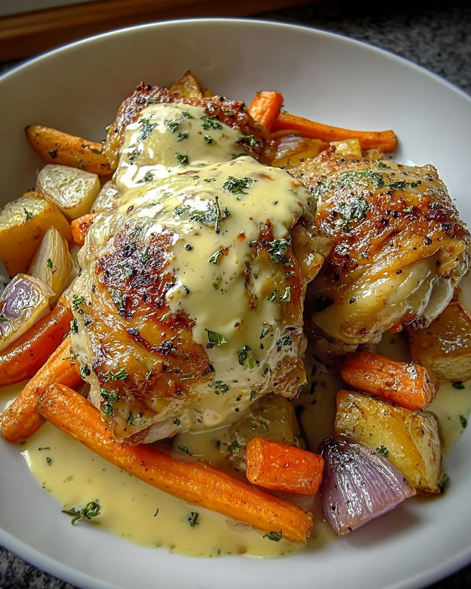 Crispy Braised Chicken Thighs in Creamy Dijon Sauce served with roasted carrots and potatoes.