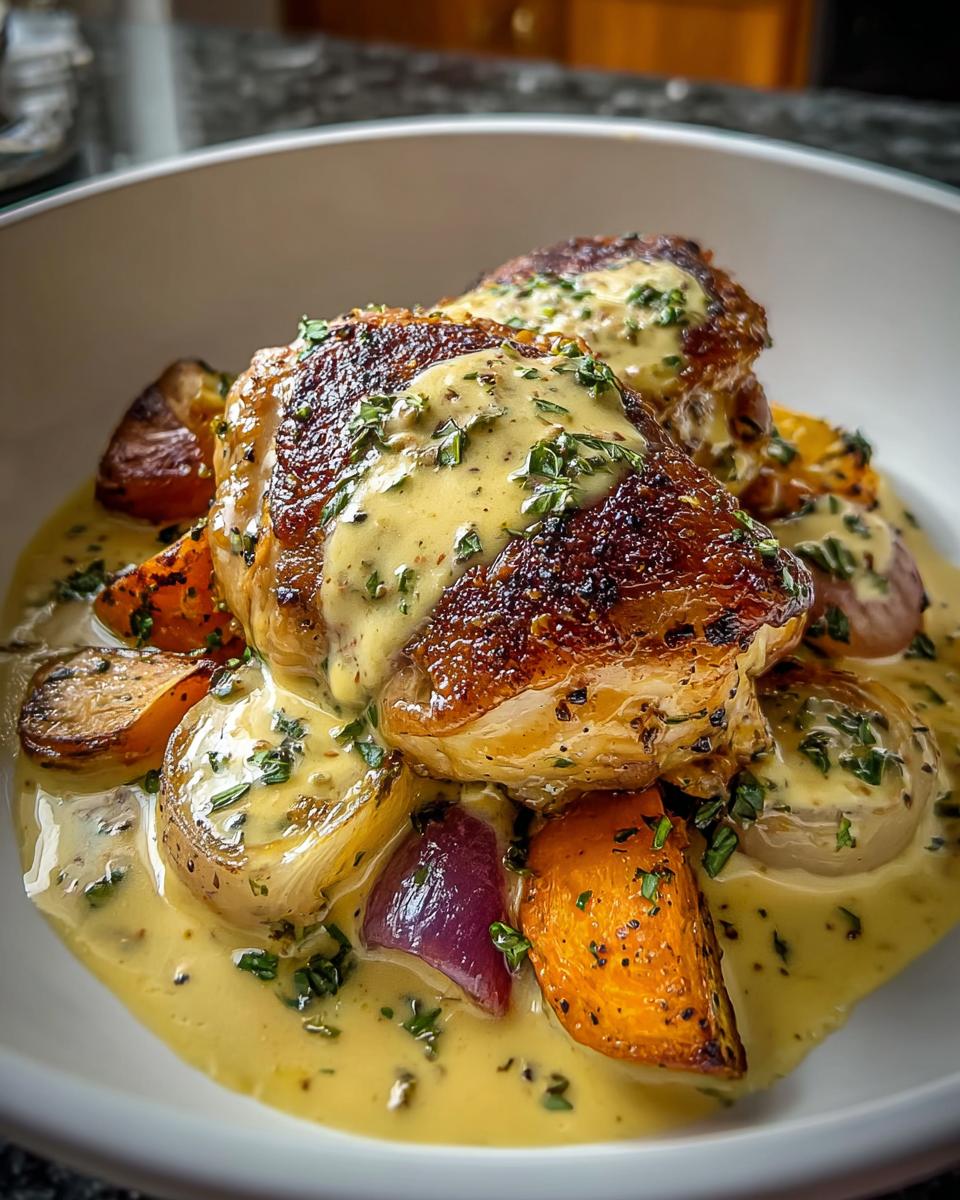Two crispy skin Braised Chicken Thighs in Creamy Dijon Sauce served over roasted vegetables in a white bowl.