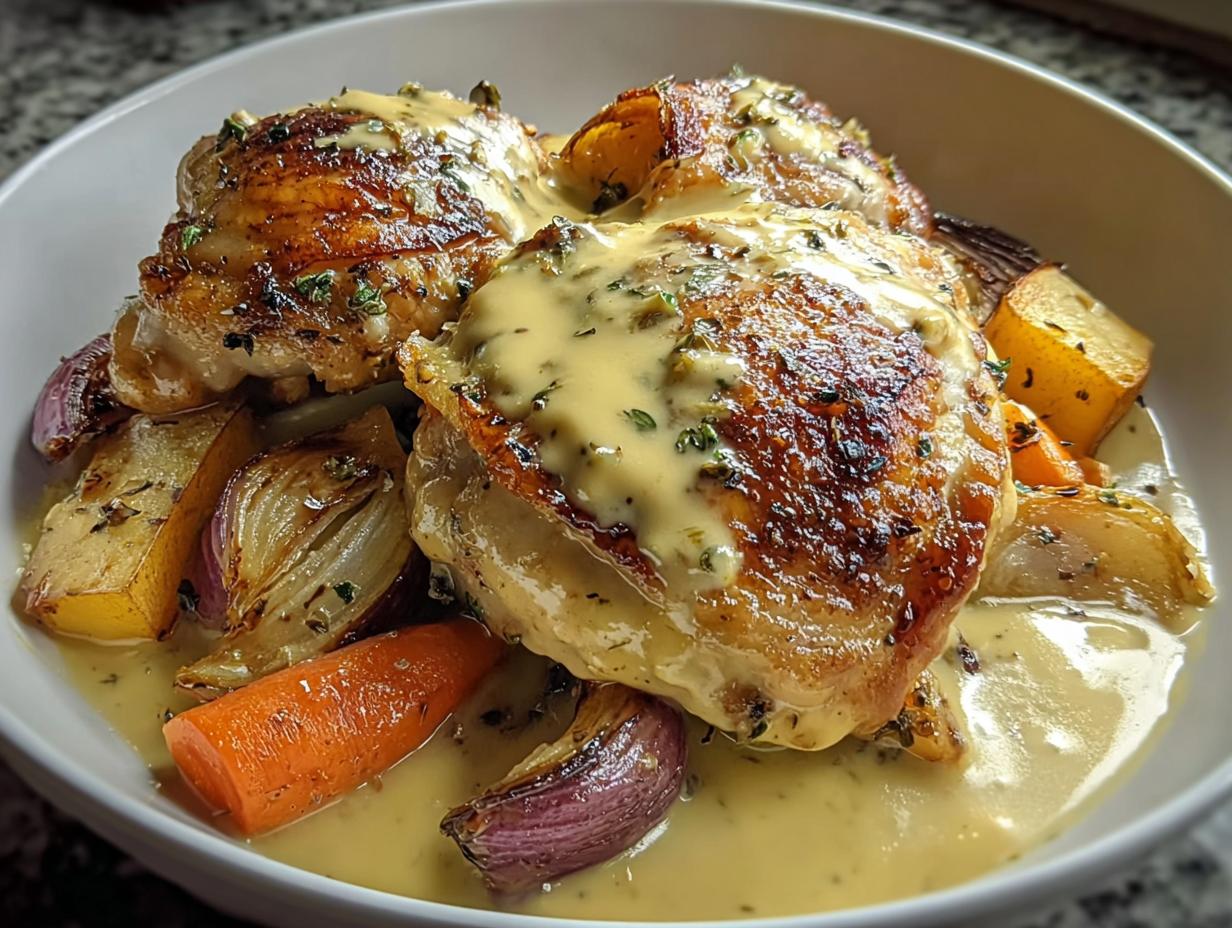 Three crispy skin Braised Chicken Thighs in Creamy Dijon Sauce served over roasted vegetables in a white bowl.