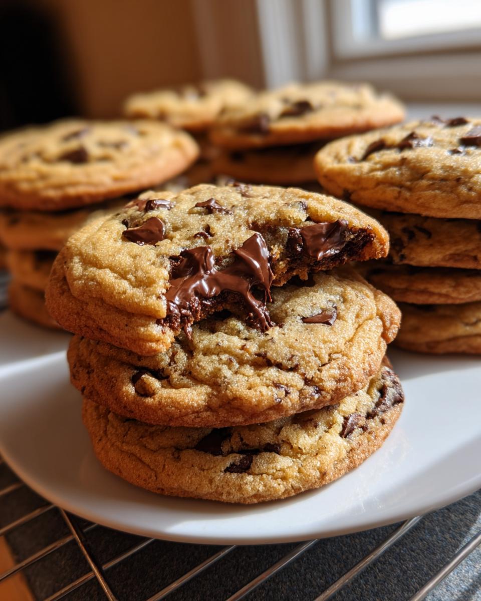 A stack of Brown Butter Chocolate Chip Cookies with the top one broken open revealing gooey, melted chocolate.