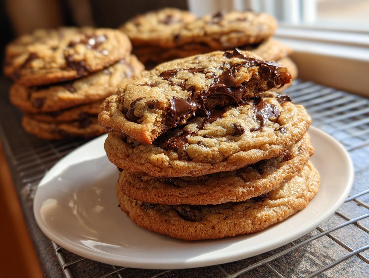 Stack of warm Brown Butter Chocolate Chip Cookies with one broken open showing gooey melted chocolate.