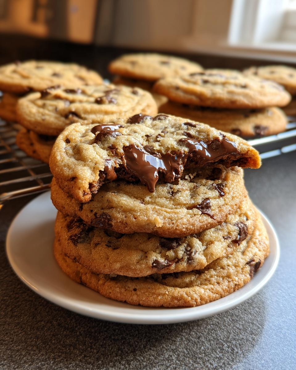Stack of Brown Butter Chocolate Chip Cookies with the top one broken open showing gooey melted chocolate.