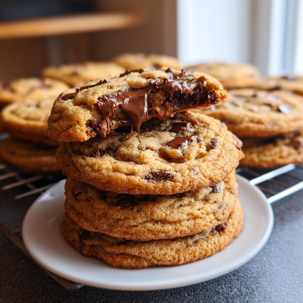 Stack of Brown Butter Chocolate Chip Cookies with the top cookie broken open showing gooey melted chocolate.