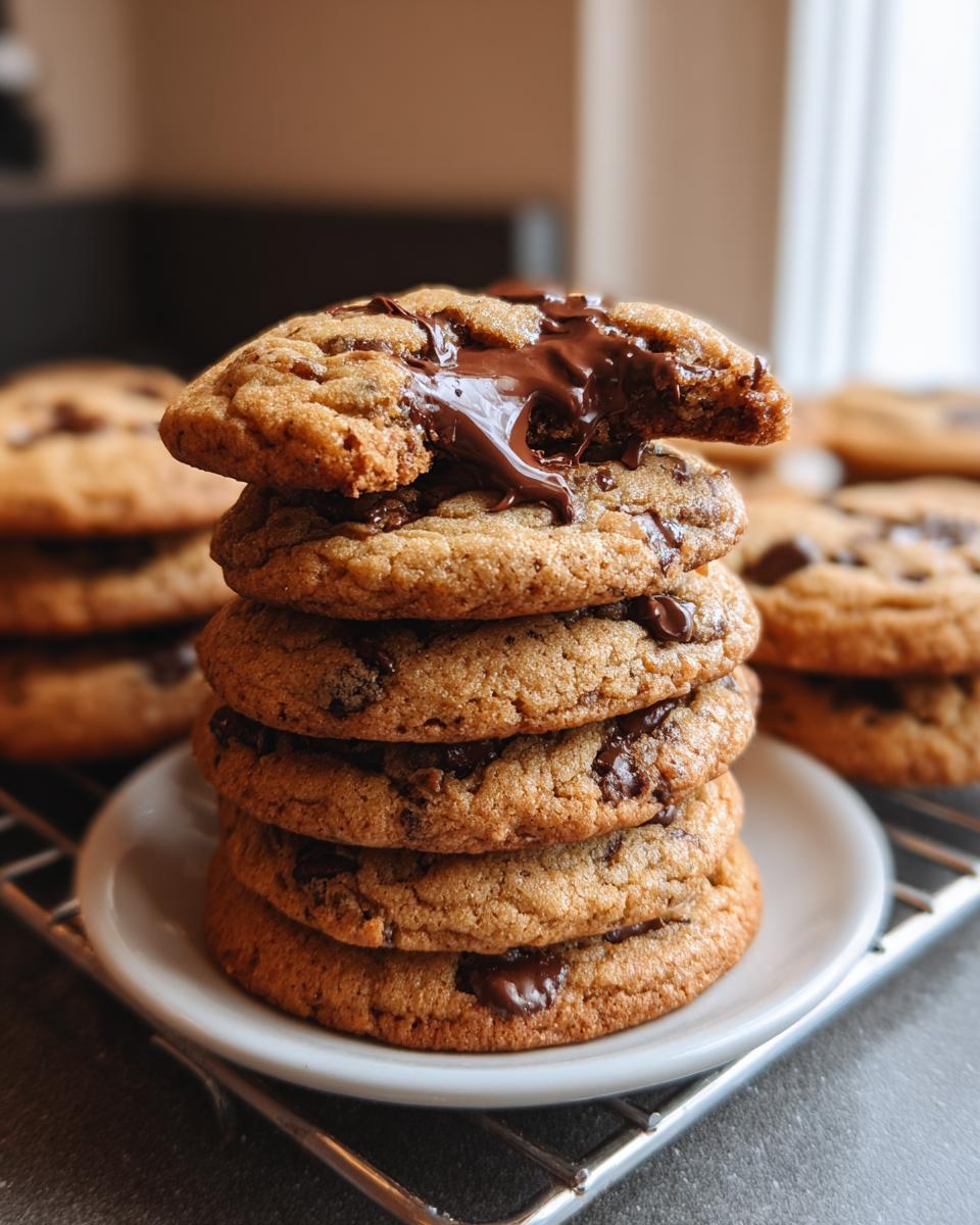 A tall stack of Brown Butter Chocolate Chip Cookies with melted chocolate oozing from the top cookie.