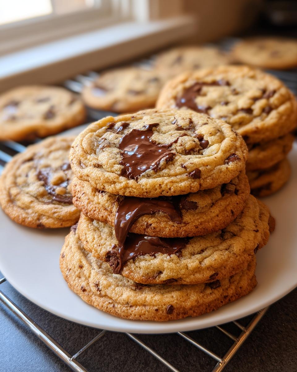 A stack of freshly baked Brown Butter Chocolate Chip Cookies with melted chocolate oozing between the layers.