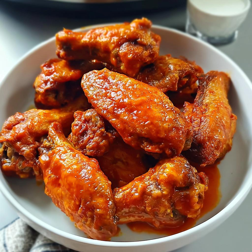 A white bowl filled with glossy, saucy Buffalo Style Wings with Tangy Butter Sauce.