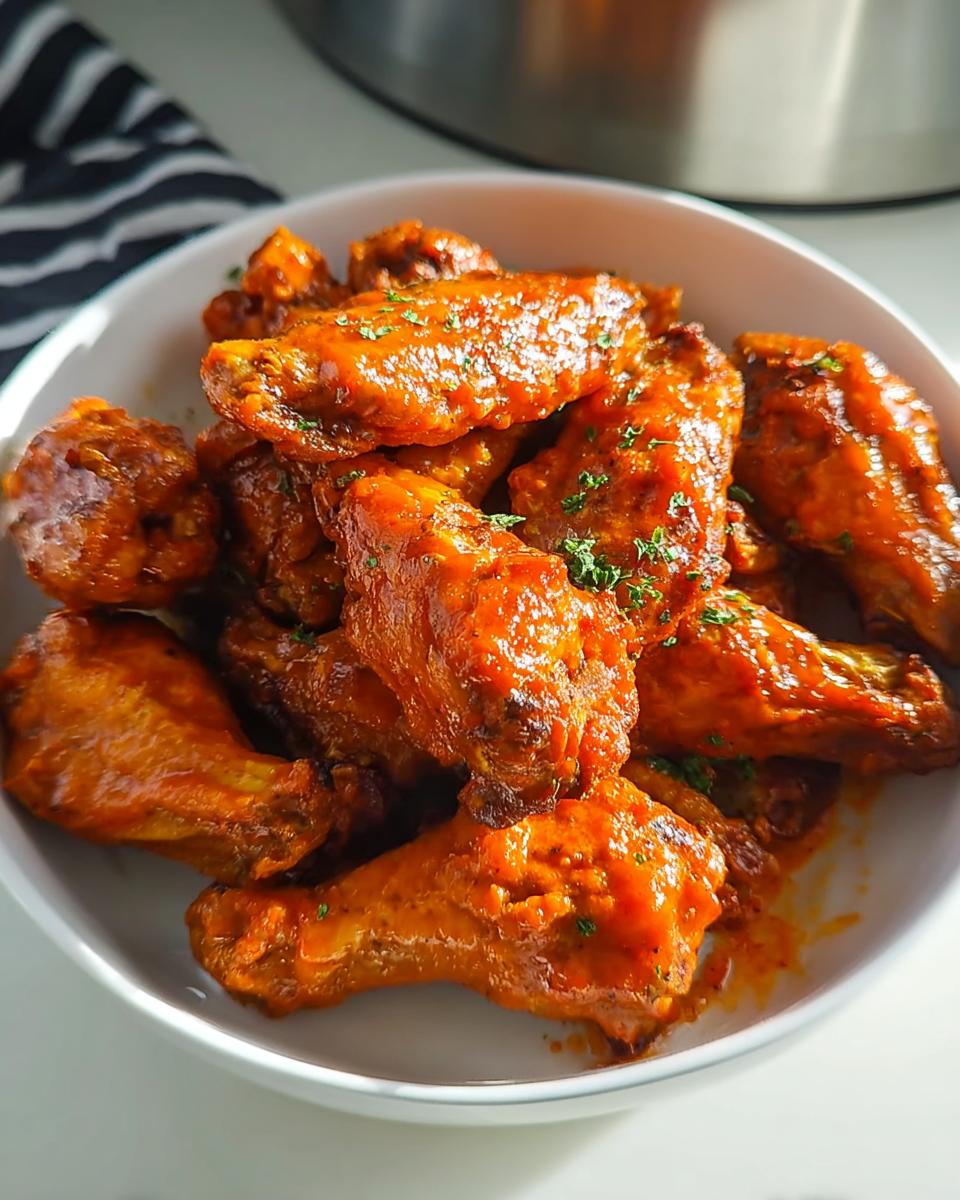 A white bowl filled with juicy Buffalo Style Wings coated in a vibrant orange tangy butter sauce and sprinkled with parsley.