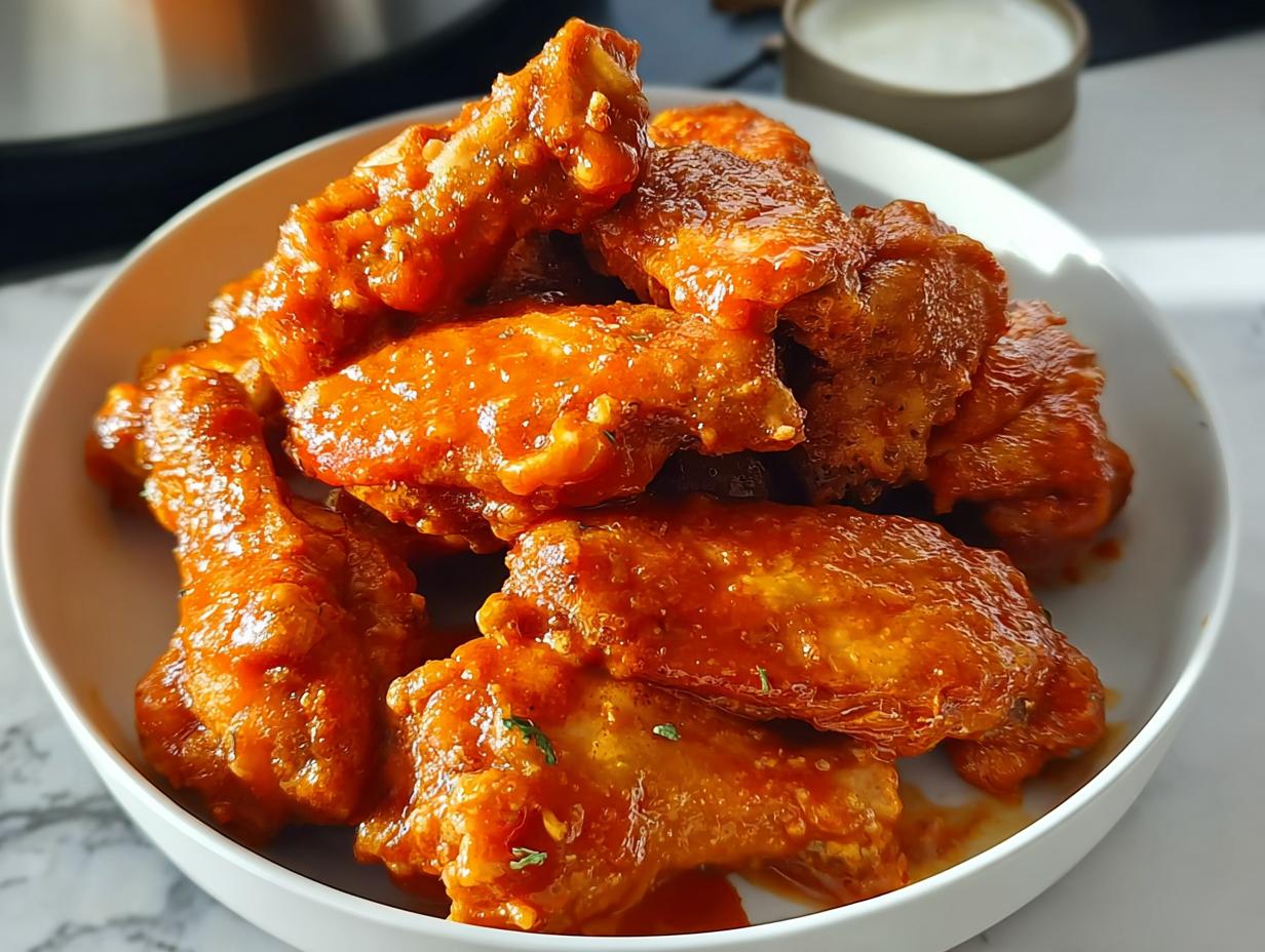 A white bowl filled with glossy, bright orange Buffalo Style Wings with Tangy Butter Sauce, with a small dip container in the background.