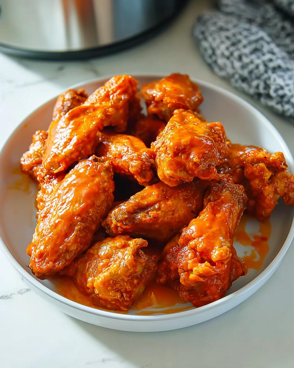 A white bowl filled with glossy, orange Buffalo Style Wings coated in tangy butter sauce.