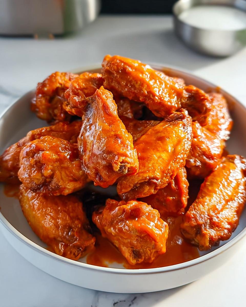 A close-up of juicy Buffalo Style Wings generously coated in a bright orange tangy butter sauce.