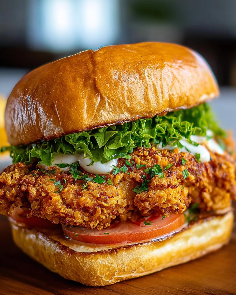 Close-up of a golden, crispy Cajun Crispy Chicken Sandwich on a toasted brioche bun with lettuce and tomato.