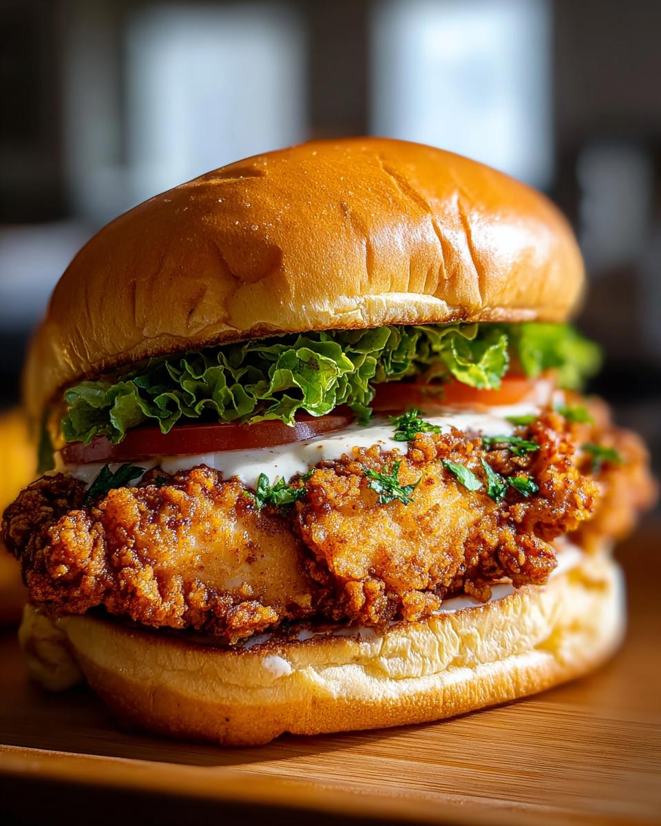 A close-up of a perfectly assembled Cajun Crispy Chicken Sandwich with a golden bun, crispy chicken, lettuce, and sauce.