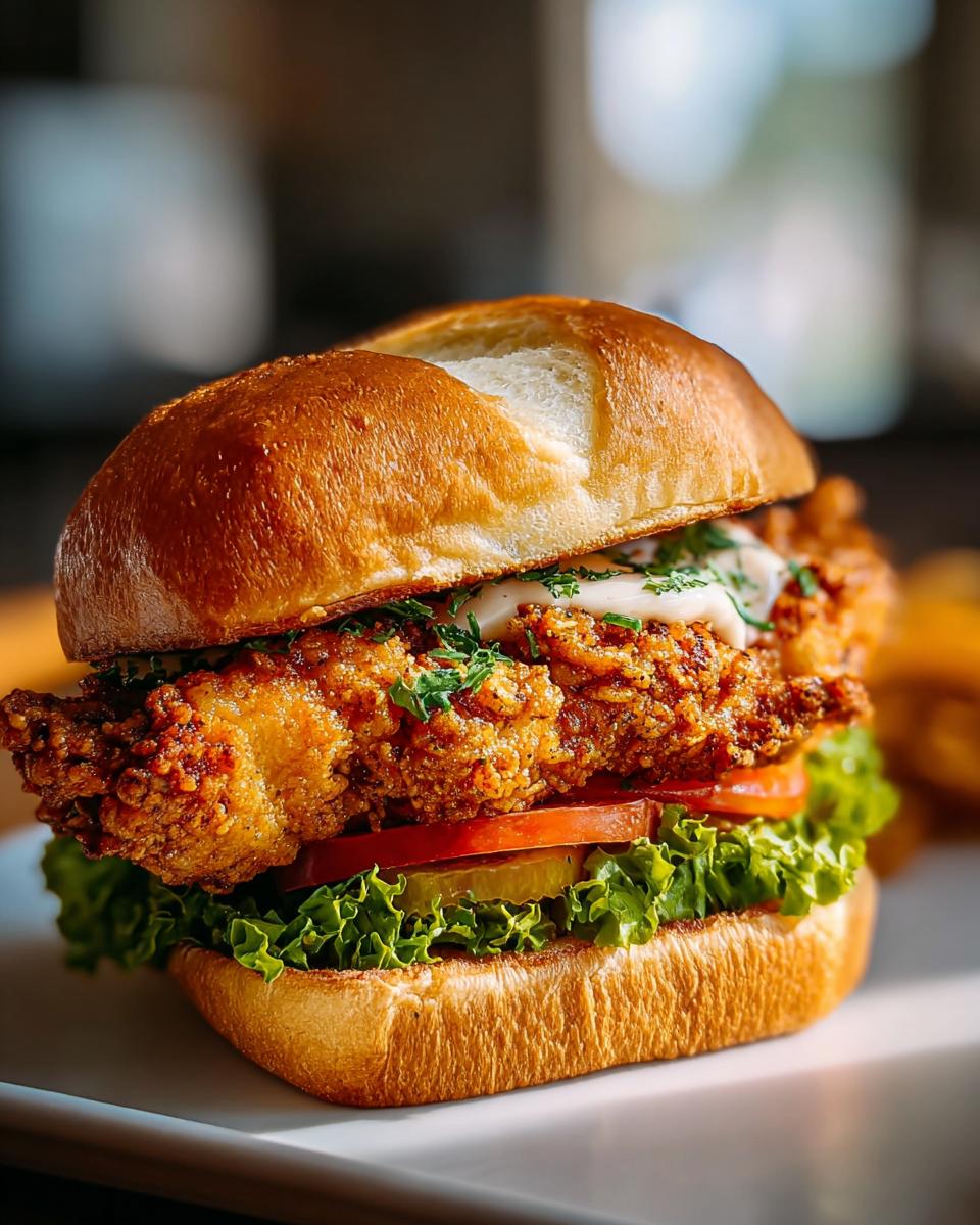A close-up of a perfectly assembled Cajun Crispy Chicken Sandwich with a thick fried fillet, lettuce, tomato, and sauce on a brioche bun.